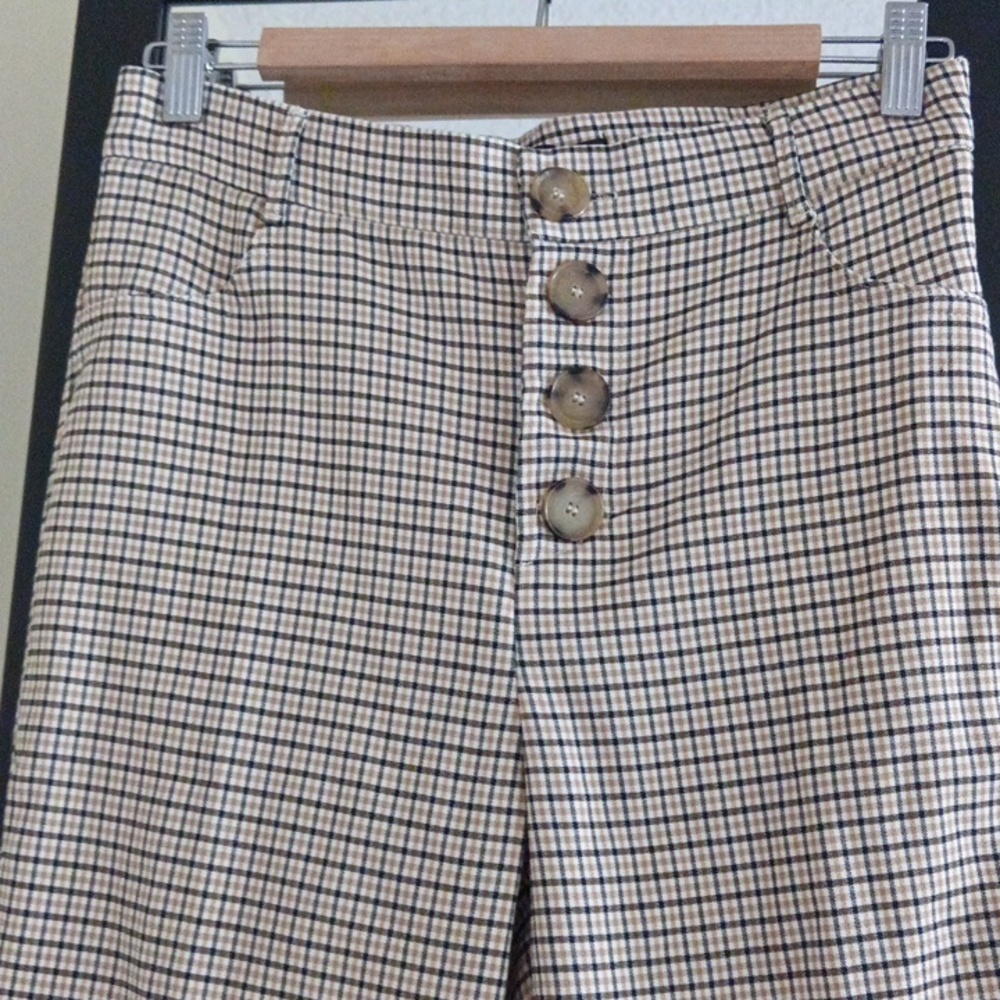 Waist14.5" Zara Hi-rise Straight Leg Fly -button Pants in Black&Tan Plaid Tartan